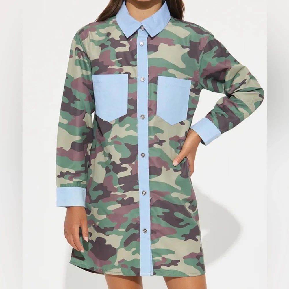 Camouflage Shirt Dress with Blue Accents